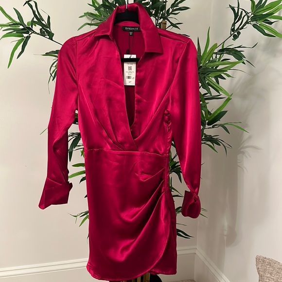 Dynamite- Margot Long Sleeve Satin Wrap Dress XXS - Picture 1 of 7